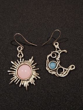 Sun & Moon Dangle Earrings Celestial Pink Blue Whimsigoth Mismatch Pair